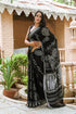 Black Dual Block Print Linen Saree with Blouse Piece