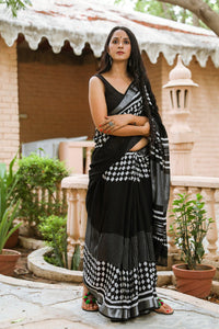 Black Checks & lines Block Print Linen Saree with Blouse Piece
