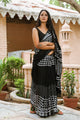 Black Checks & lines Block Print Linen Saree with Blouse Piece