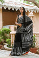 Black Checks & lines Block Print Linen Saree with Blouse Piece
