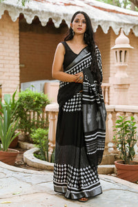 Black Checks & lines Block Print Linen Saree with Blouse Piece