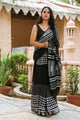 Black Checks & lines Block Print Linen Saree with Blouse Piece