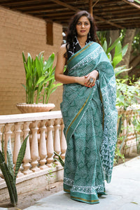Rama Green Block Jaal Print Mul Saree with Blouse Piece