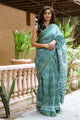 Rama Green Block Jaal Print Mul Saree with Blouse Piece