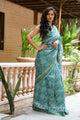 Rama Green Block Jaal Print Mul Saree with Blouse Piece
