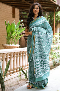 Rama Green Block Jaal Print Mul Saree with Blouse Piece