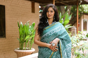 Rama Green Block Jaal Print Mul Saree with Blouse Piece