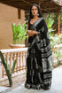 Black Leaf Block Butta Print Linen Saree with Blouse Piece