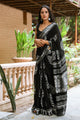 Black Leaf Block Butta Print Linen Saree with Blouse Piece
