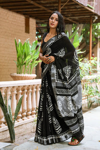 Black Leaf Block Butta Print Linen Saree with Blouse Piece