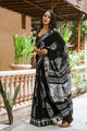 Black Leaf Block Butta Print Linen Saree with Blouse Piece