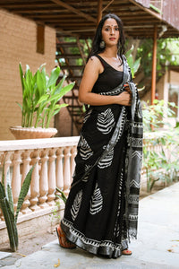 Black Leaf Block Butta Print Linen Saree with Blouse Piece