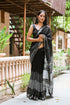 Black Block Wave Border Print Linen Saree with Blouse Piece