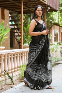 Black Block Wave Border Print Linen Saree with Blouse Piece
