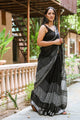 Black Block Wave Border Print Linen Saree with Blouse Piece
