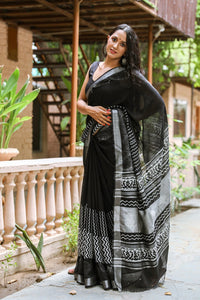 Black Block Wave Border Print Linen Saree with Blouse Piece