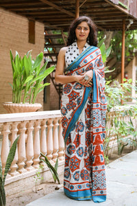 Ivory & Red Block Print Mul Saree with Blouse Piece