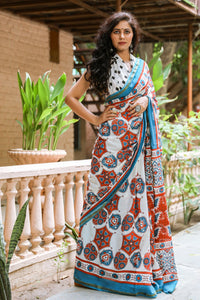 Ivory & Red Block Print Mul Saree with Blouse Piece