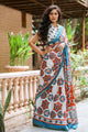 Ivory & Red Block Print Mul Saree with Blouse Piece