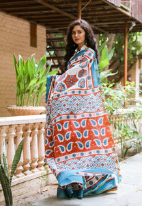 Ivory & Red Block Print Mul Saree with Blouse Piece