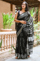 Black Tree Block Butta Print Linen Saree with Blouse Piece