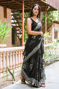 Black Tree Block Butta Print Linen Saree with Blouse Piece