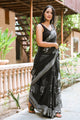Black Tree Block Butta Print Linen Saree with Blouse Piece