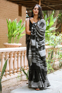 Black Tree Block Butta Print Linen Saree with Blouse Piece