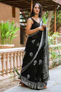 Black Block Butta Print Linen Saree with Blouse Piece