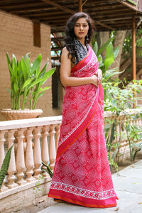 Pink & White Overall Block Print Mul Saree with Blouse Piece