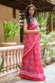 Pink & White Overall Block Print Mul Saree with Blouse Piece
