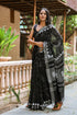 Black Block Print Linen Saree with Blouse Piece