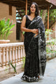 Black Block Print Linen Saree with Blouse Piece