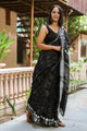 Black Block Print Linen Saree with Blouse Piece