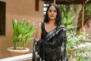 Black Block Print Linen Saree with Blouse Piece