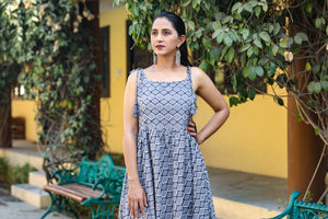 Grey Discharge Print Frill Dress