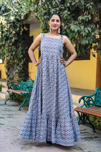 Grey Discharge Print Frill Dress