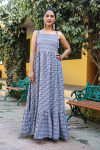 Grey Discharge Print Frill Dress