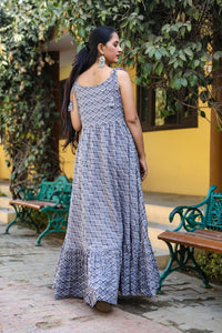 Grey Discharge Print Frill Dress