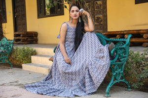 Grey Discharge Print Frill Dress