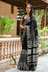 Black Wave & Strip Block Border Print Linen Saree with Blouse Piece