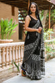 Black Wave & Strip Block Border Print Linen Saree with Blouse Piece