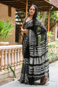 Black Wave & Strip Block Border Print Linen Saree with Blouse Piece