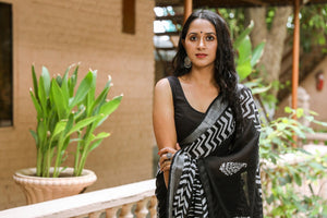Black Wave & Strip Block Border Print Linen Saree with Blouse Piece