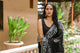 Black Wave & Strip Block Border Print Linen Saree with Blouse Piece