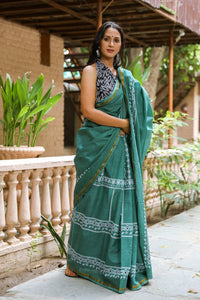 Rama Green Border Block Print Mul Saree with Blouse Piece