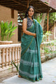 Rama Green Border Block Print Mul Saree with Blouse Piece