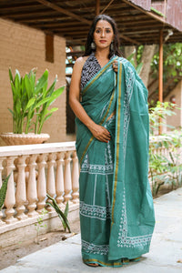 Rama Green Border Block Print Mul Saree with Blouse Piece