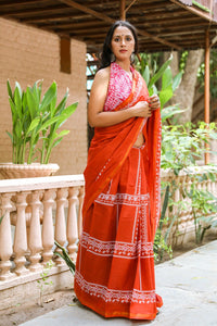 Dust Red Border Block Print Mul Saree with Blouse Piece