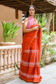 Dust Red Border Block Print Mul Saree with Blouse Piece